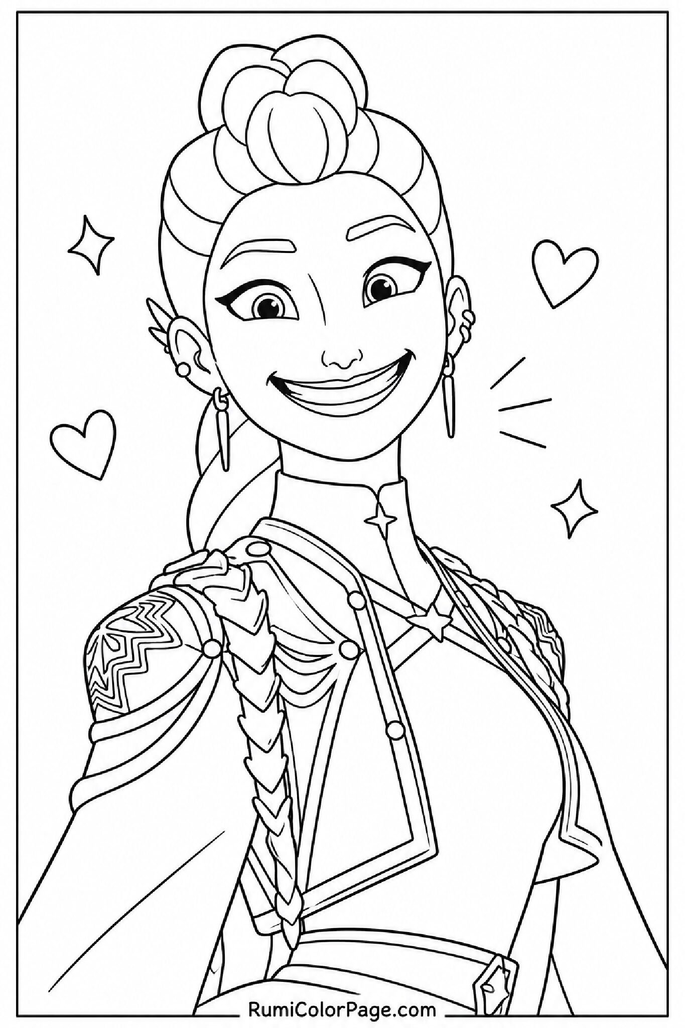 Rumi With Big Smile Ornate Outfit Detail Half-Body Slight Left Turn coloring page