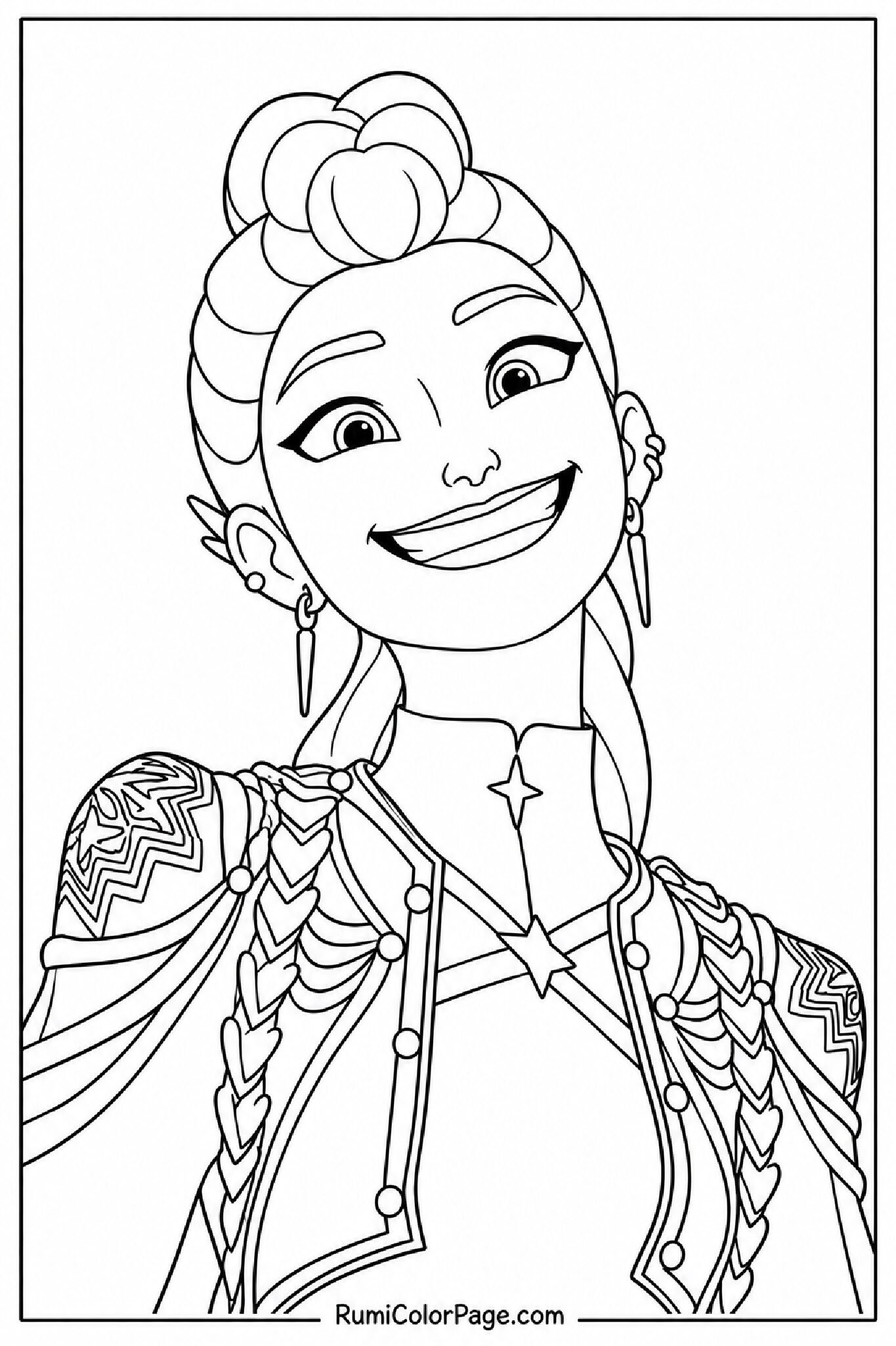 Rumi With Big Smile and Ornate Outfit Close-Up Head Tilted Back coloring page