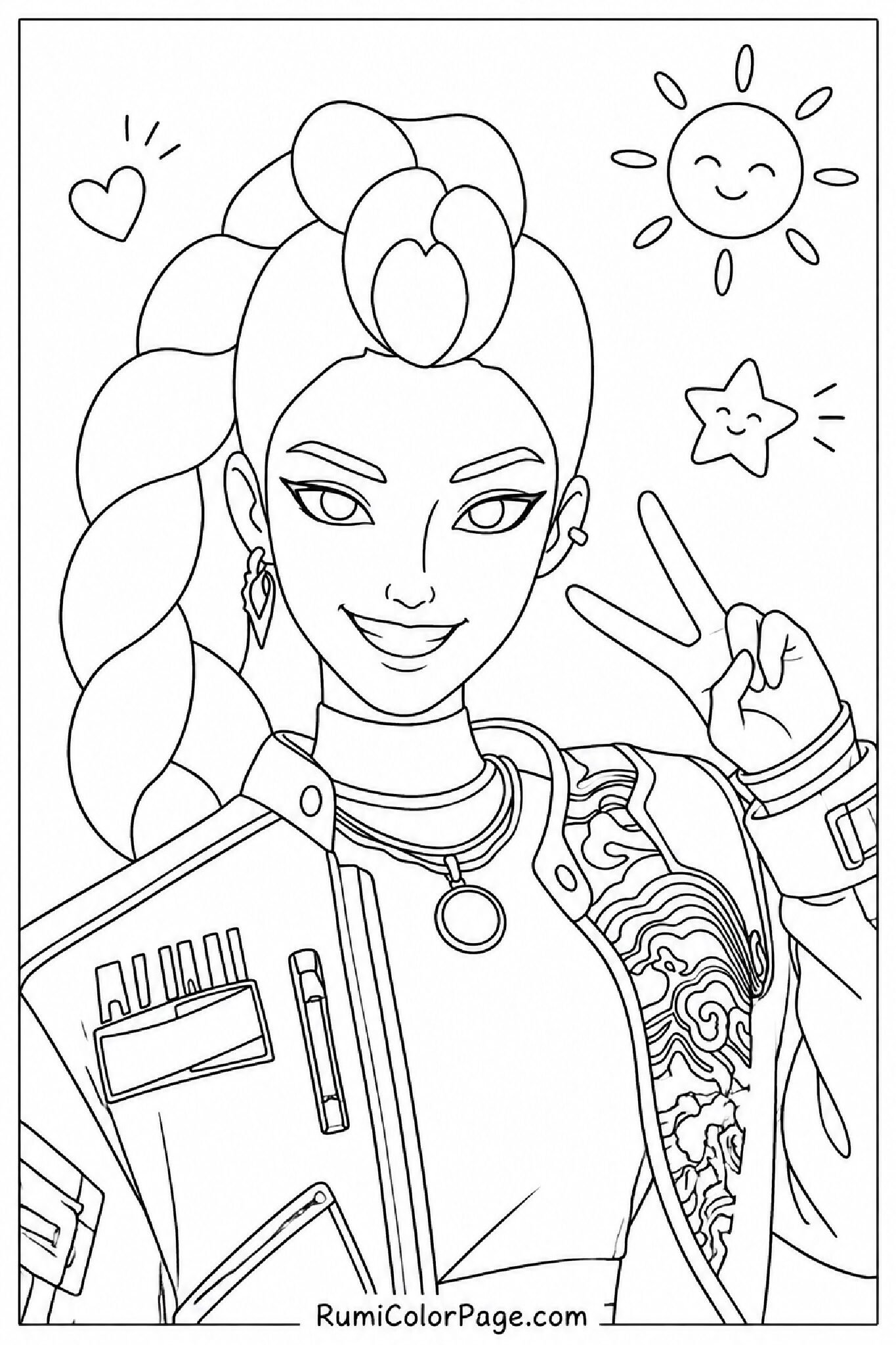 Rumi With Big Smile and Ornate Outfit coloring page