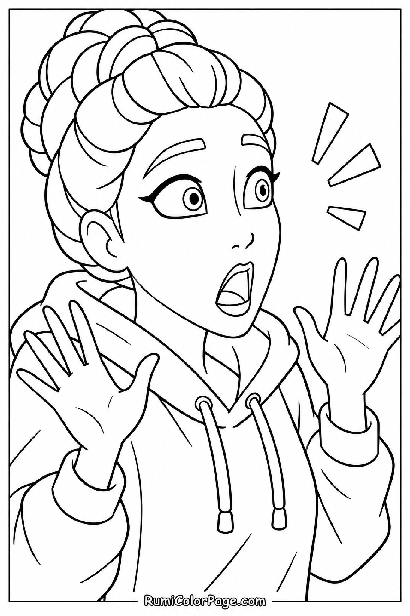 Rumi With Surprised Expression Both Hands Raised Half-Body Side Profile coloring page