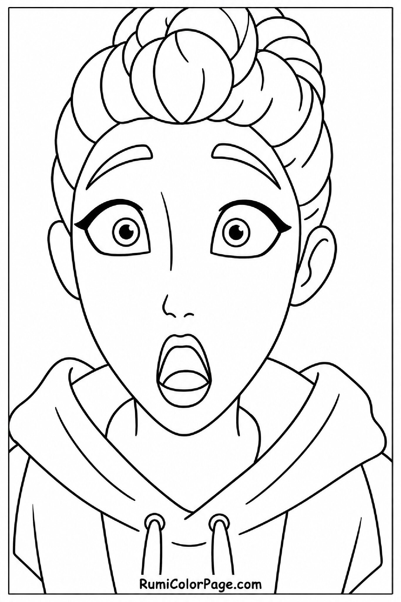 Rumi With Surprised Expression Eyebrows Shot Up Straight-On Shoulders-Up coloring page