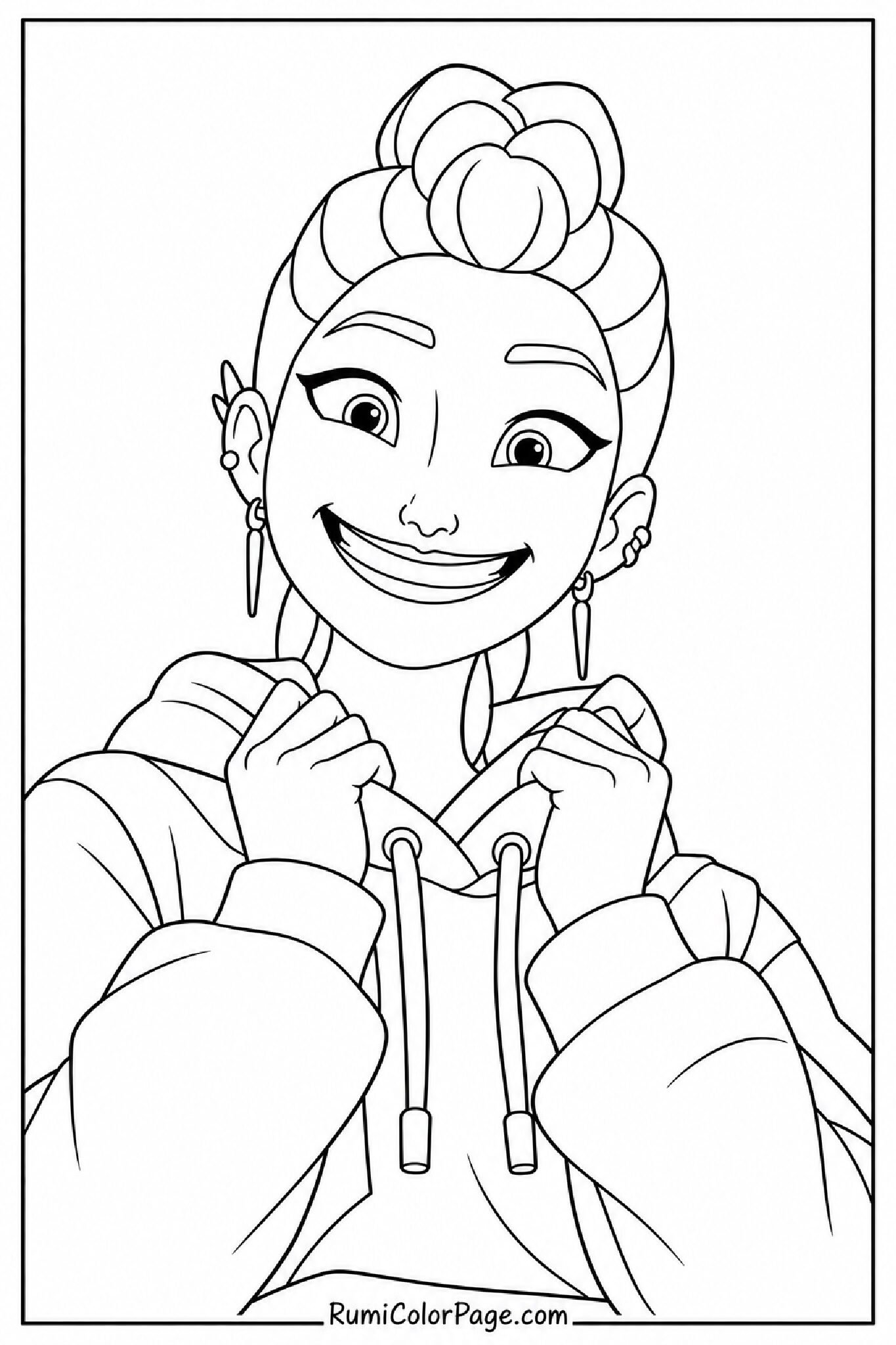 Rumi With a Big Smile Hands Near Collar Low Angle Close-Up coloring page