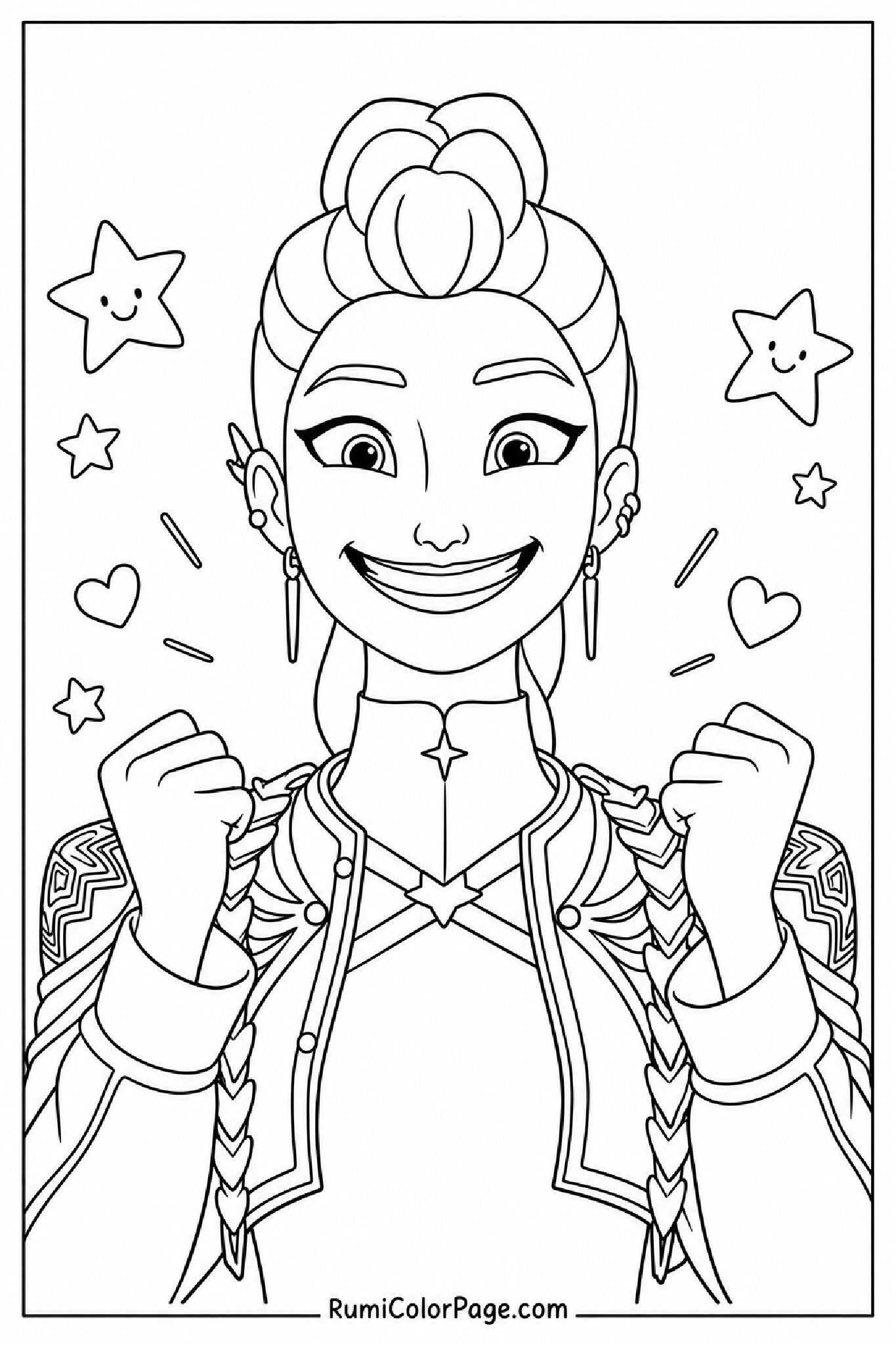 Rumi With a Big Smile Standing Confidently Straight-On Shoulders-Up coloring page