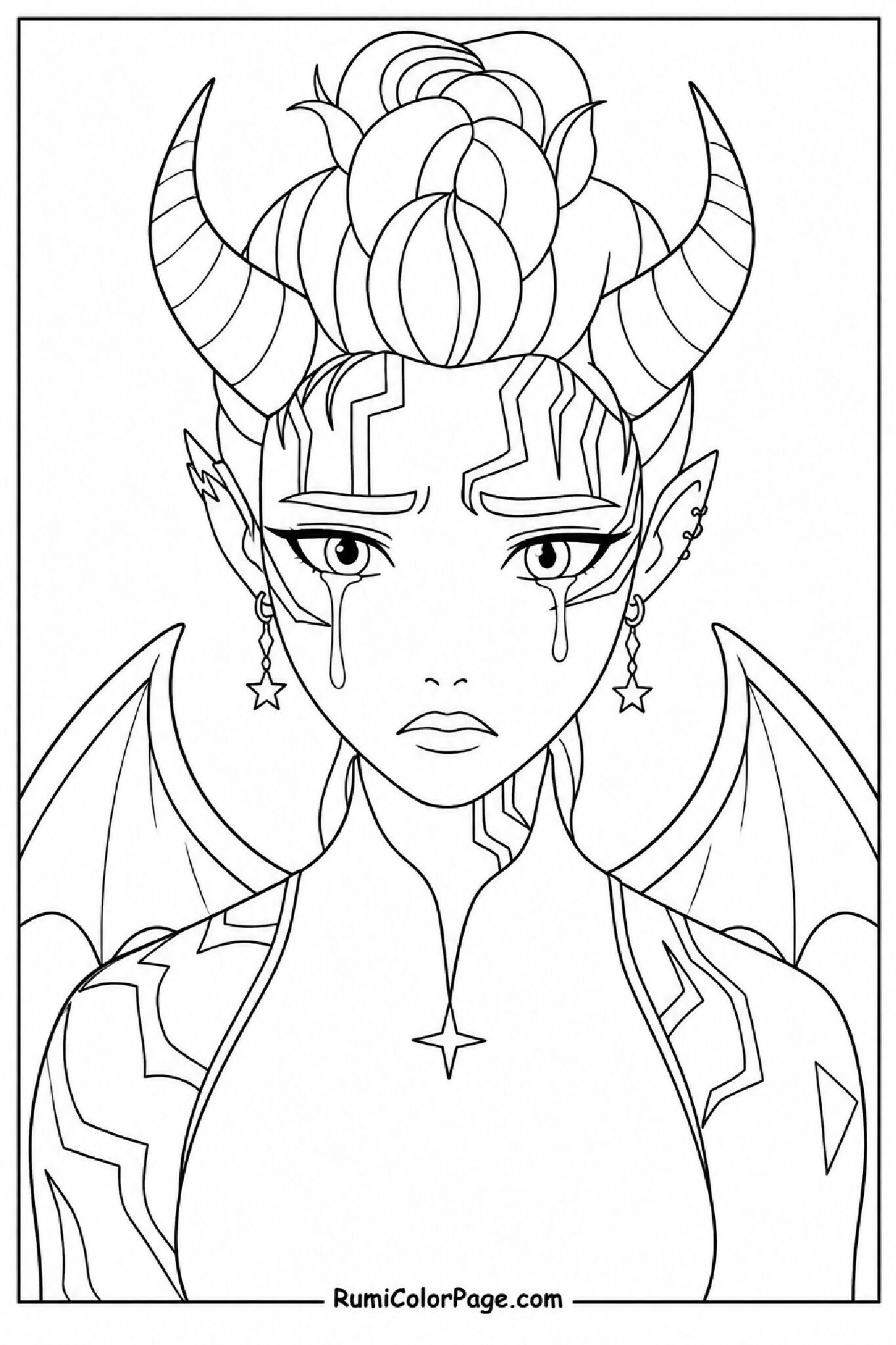 Rumi in Her Demon Form Looking Sad coloring page